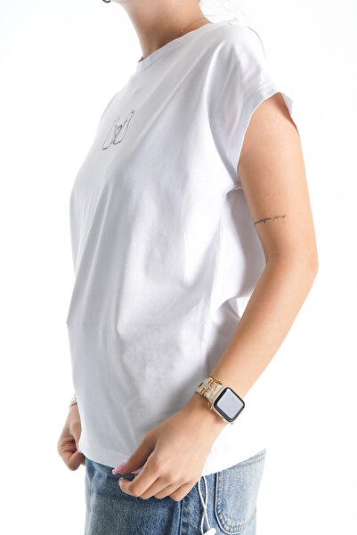 Moda Değirmeni Γυναικείο μπλουζάκι Cat Printed White Oversize - Ελαστικό κάτω μέρος BG1192-314-0002