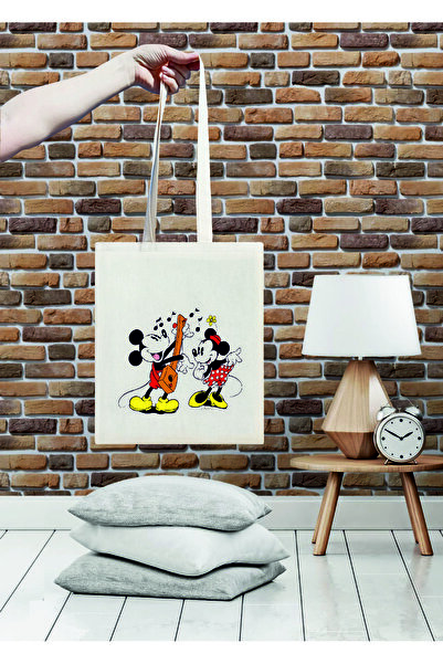 MİKİ İLE MİNİ Baskılı Pamuklu Ham bez çanta  35X40 cm
