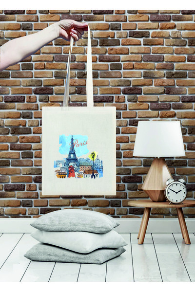 PARİS Printed Cotton Raw cloth bag  35X40 cm