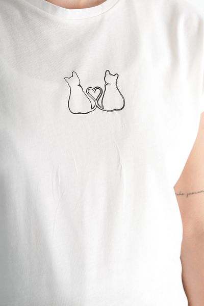 Moda Değirmeni Γυναικείο μπλουζάκι Cat Printed Cream Oversize - Ελαστικό κάτω μέρος BG1192-314-0002