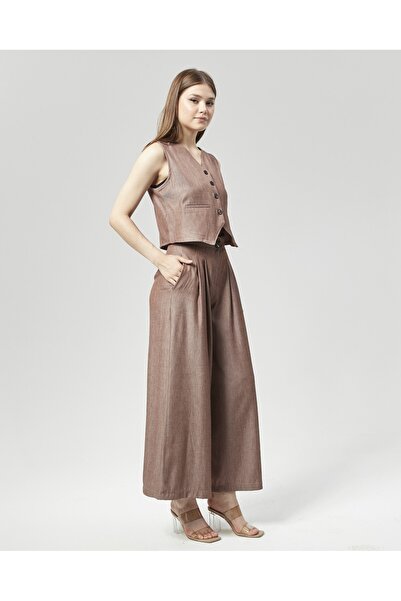 Nuseel New Season Brown Palazzo Trousers & Vest Set - Collar Detailed