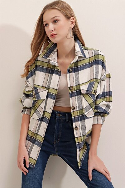 dijimodway Cămașă de buzunar în carouri verde de damă