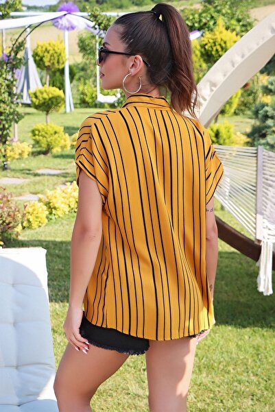 Genel Markalar Kadın Çizgi Detaylı Kısa Kollu Hardal M