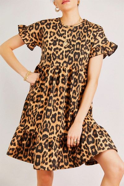 dijimodway Rochie de damă cu model leopard, cu fustă și mâneci strânse