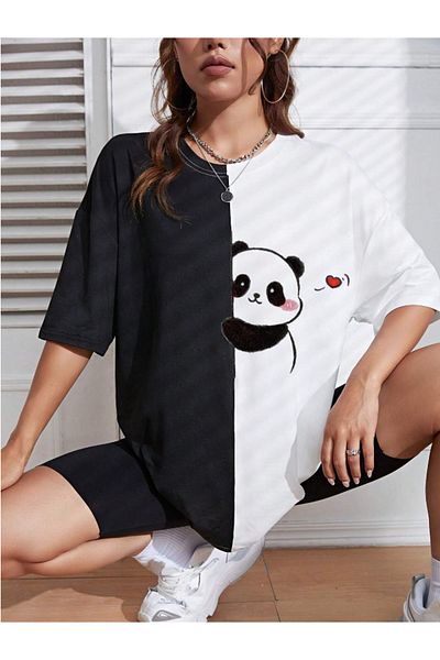 Revasser Tricou supradimensionat din bumbac pentru femei cu model ursuleț de pluș - gât crew