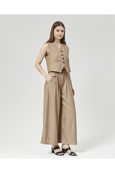 Nuseel New Season Mink Collared Palazzo Trousers and Vest Set