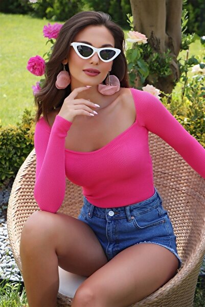 dijimodway Bluză fucsia cu mânecă lungă cu decolteu U