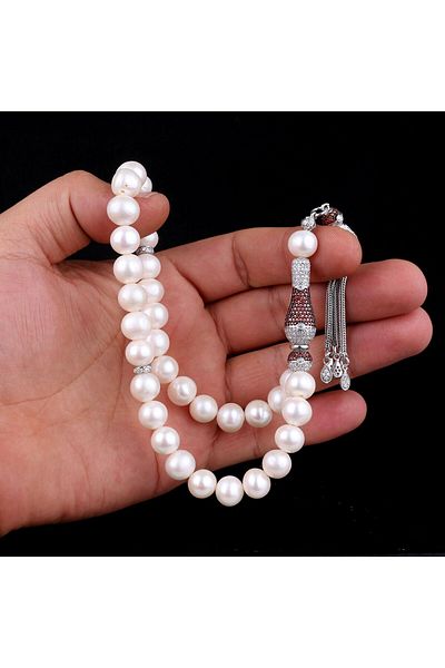 Tesbihsepetim 10 mm Zircon Stone - Natural Pearl Rosary, Tasseled