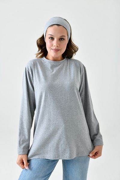 mirach Gray Cotton Combed Cotton Tunic Blouse |   Long Sleeve Comfortable T-Shirt Stylish Top with Bandana Gift