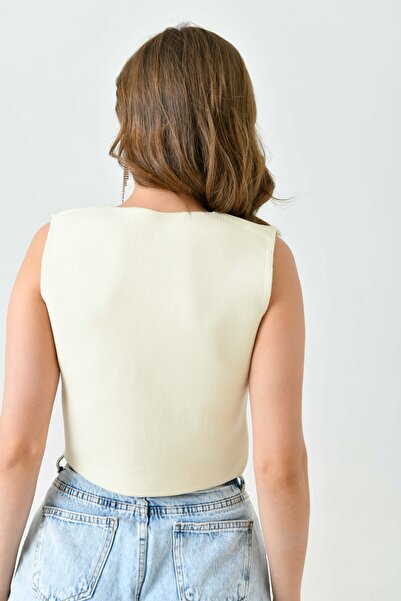 WOMAN VISION Cream Colored Flexible Knitwear Crop Vest - Design Buttoned 9902