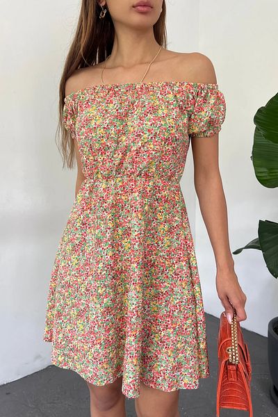 Veform Guler Madonna - Rochie încrețită cu imprimeu floral mic DFL4007