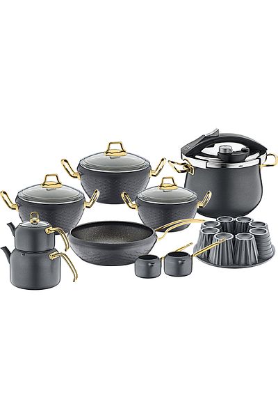OMS 3519 Model - 16 Piece Bio Granite Full Dowry Set, Anthracite Body - Gold Detailed