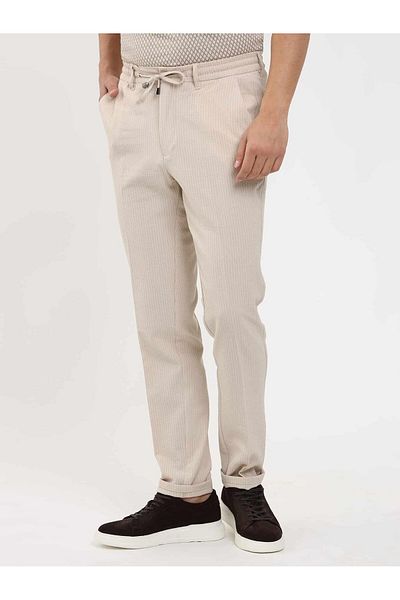Dufy Beige Slim Fit Striped Men's Jogger Trousers -104472