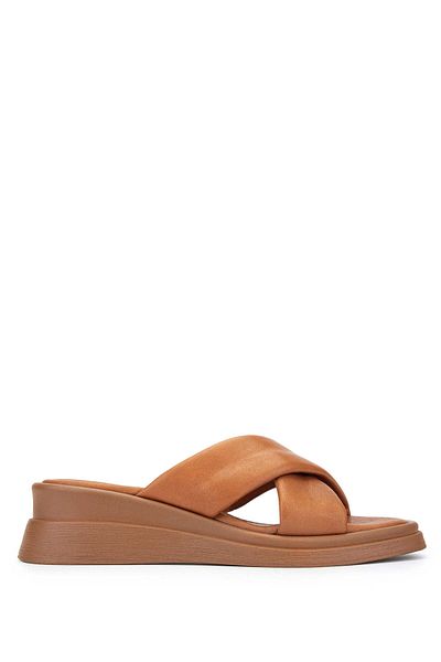 Tamer Tanca Genuine Leather Women's Heeled Slippers - Tan