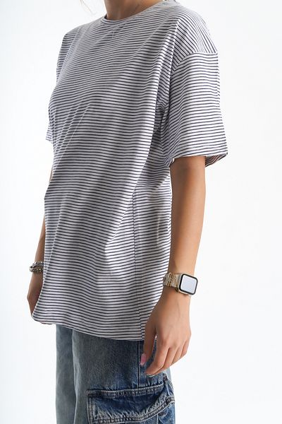 Moda Değirmeni T-sirti de damă cu dungi alb-albastru marin - BG1196-314-0003