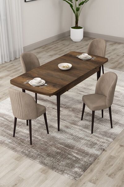 Canisa Roe Serisi Açılabilir 80x132 Barok Ahşap Desen Masa Takımı Ve 4 Cappuc...