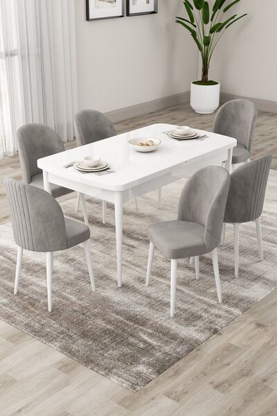 Canisa Roe Serisi Açılabilir 80x132 Beyaz Masa Takımı Ve 6 Gri Sandalye