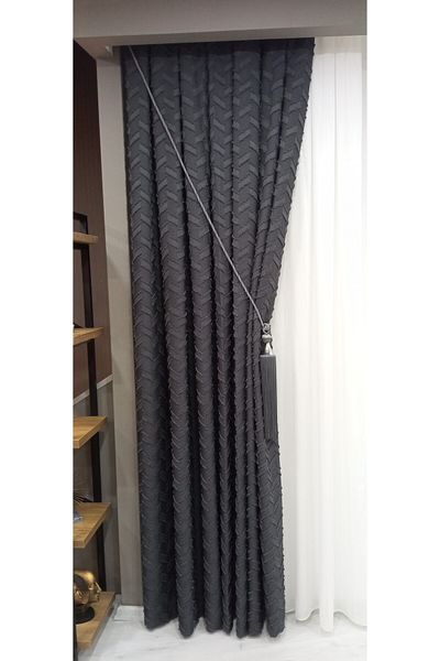 Vinaldi Monchester 375458 -773 Anthracite Linen Backdrop Curtain Single Wing Frequent Pleat