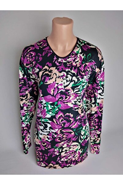 YAŞAR TRİKO Kadın Siyah Mor V Yaka Uzun Kollu Yanları Yırtmaçlı Yazlık Viskon...