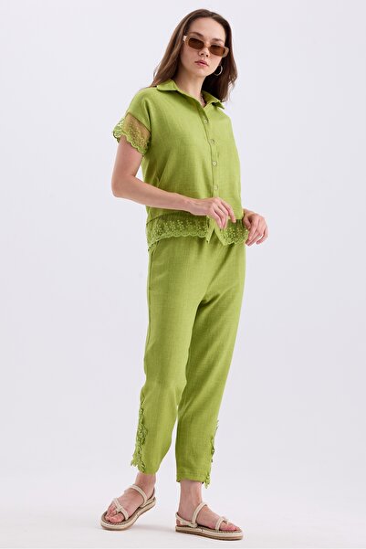 MD trend Linen Set - Tulle Detailed Short Sleeve Shirt and Lace Trousers