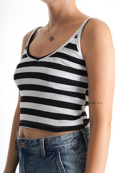 Moda Değirmeni قميص داخلي نسائي مخطط - أبيض وأسود BG1191-325-0001