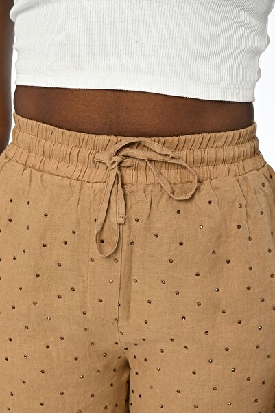 Orfeo Negro Women's Elastic Waist Comfortable Fit Wide Leg Bonding Stone Detailed Cumin Color Trousers