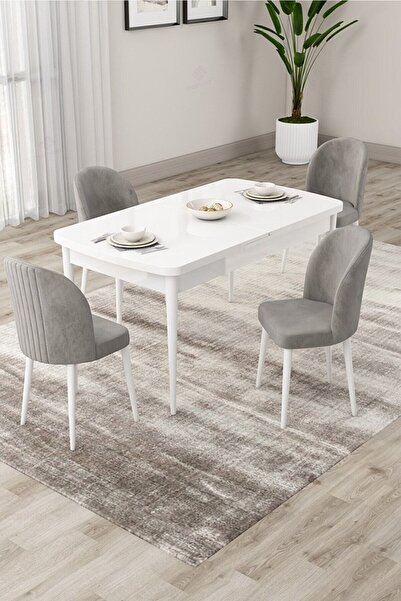 Canisa Roe Serisi Açılabilir 80x132 Beyaz Masa Takımı Ve 4 Gri Sandalye