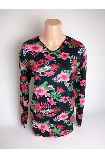 YAŞAR TRİKO Μαύρο πράσινο λαιμόκοψη V - Καλοκαιρινή μπλούζα από βισκόζη Lycra χτενισμένη βαμβακερή μπλούζα με μακρύ μανίκι και σχισμές στο πλάι