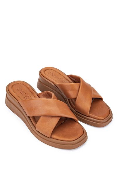 Tamer Tanca Genuine Leather Women's Heeled Slippers - Tan