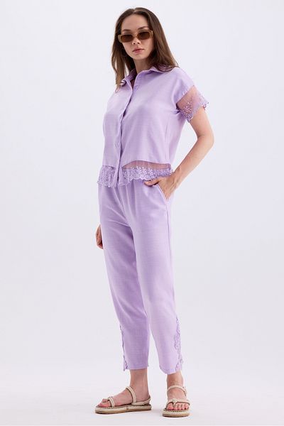 MD trend Linen Set - Tulle Detailed Short Sleeve Shirt and Lace Trousers