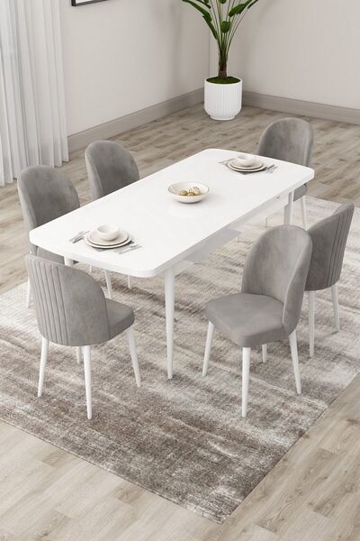 Canisa Roe Serisi Açılabilir 80x132 Beyaz Masa Takımı Ve 6 Gri Sandalye