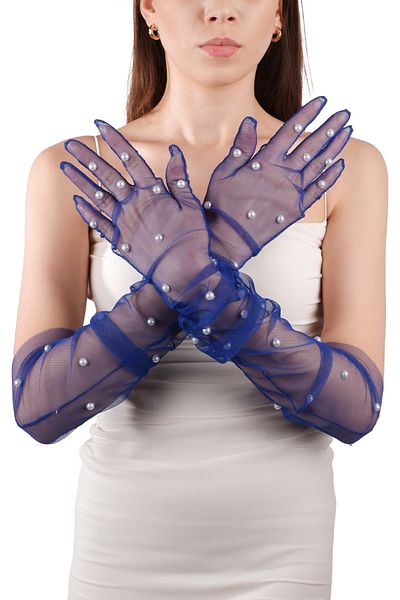 Hayalperest boncuk Costum de mireasă elegant și elegant albastru Saks - cu perle și mănuși lungi din tul