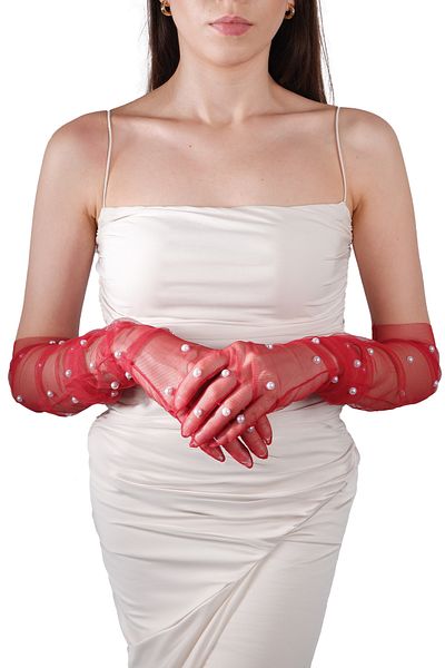 Hayalperest boncuk Elegant Red Bridal Costume With Pearls - Wedding Gloves, Long Tulle Gloves For Special Nights