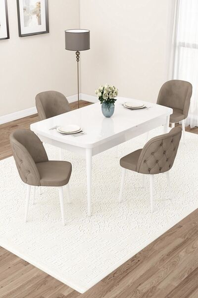 Canisa Jae Serisi Açılabilir 80x132 Beyaz Mutfak Masa Takımı Ve 4 Gri Sandalye