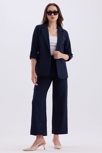 MD trend Striped Double Breasted Blazer and Trousers Set - Foldable Sleeve