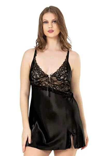 Viselya Cămașă de noapte din satin negru de mărime mare