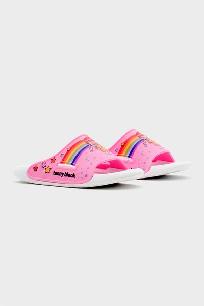 Tonny Black Pink Rainbow Patterned Girl's Slippers - Poly Sole