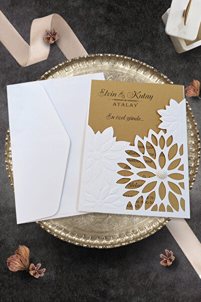 Cem Davetiye Düğün Nişan Nikah Kına Davetiyesi 997 (100 ADET) Baskı Dahil