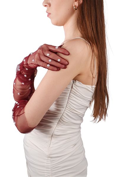 Hayalperest boncuk Costum de mireasa elegant burgundy - cu perle elegante, manusi lungi din tul