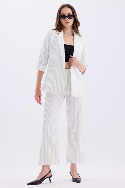 MD trend Striped Double Breasted Blazer and Trousers Set - Foldable Sleeve