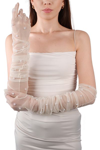 Hayalperest boncuk Costum de mireasa elegant - cu perle, manusi lungi din tul, alb, pentru nopti speciale