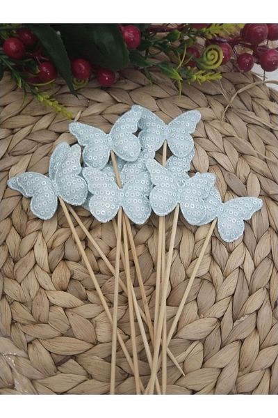 Deniz Party Store Light Blue Sequin Butterfly - Long Toothpick 16cm 10 Pieces