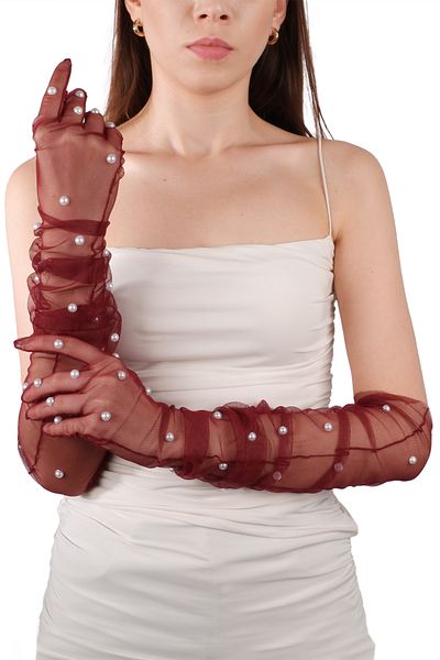 Hayalperest boncuk Costum de mireasa elegant burgundy - cu perle elegante, manusi lungi din tul