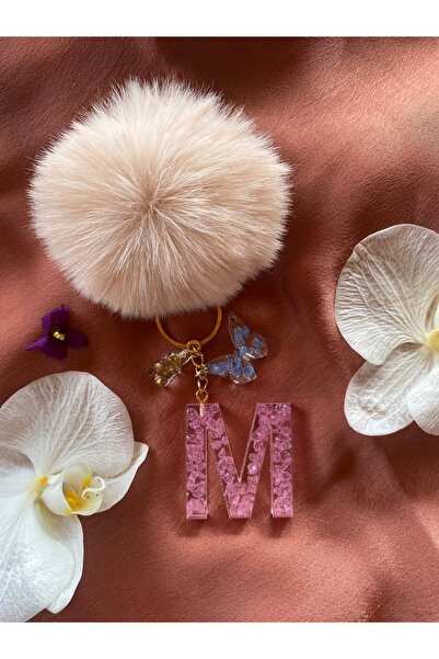 Bellinzona M Harfli Ayıcık Kelebek Detaylı Pembe  Anahtarlık ve Somon Renk Po...