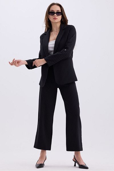 MD trend Striped Double Breasted Blazer and Trousers Set - Foldable Sleeve