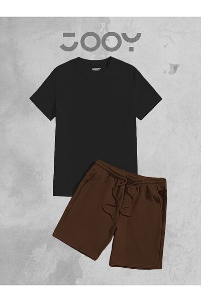 Jooy Company Oversize μαύρο μπλουζάκι και καφέ χτενισμένο βαμβακερό σορτς