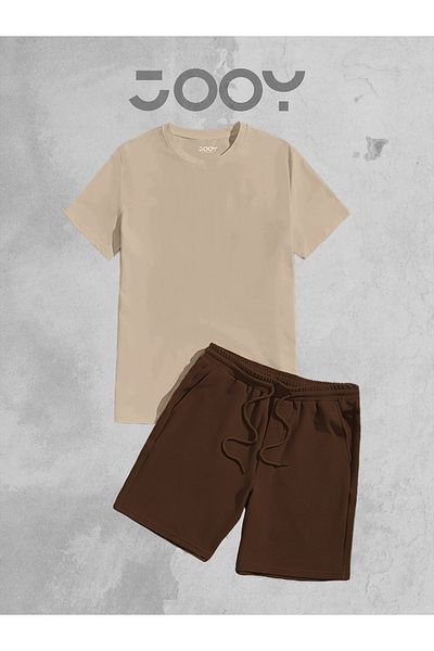 Jooy Company Σετ μπλουζάκι μπεζ Oversize και καφέ χτενισμένο βαμβακερό σορτς