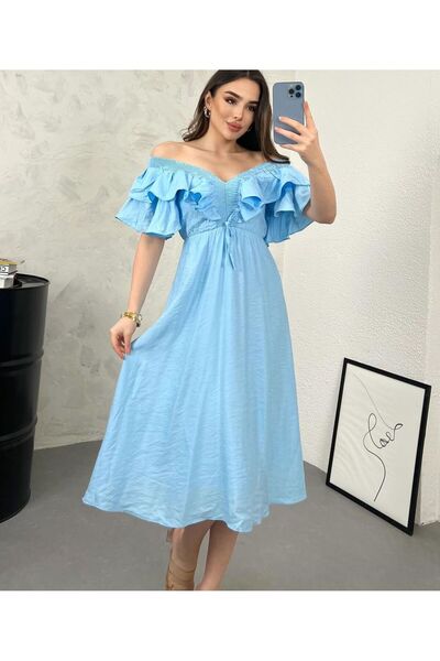 HARMONY GLOBAL Rochie de vară de in Aerobin albastru bebeluș - mânecă cu volan, Gipeli, talie elastică și căptușeală 5833