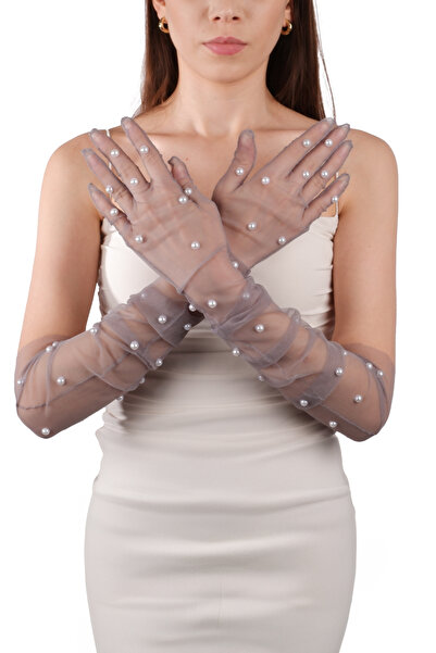 Hayalperest boncuk Elegant and Stylish Gray Bridal Costume with Pearls - Wedding Gloves, Long Tulle Gloves for Special Nights