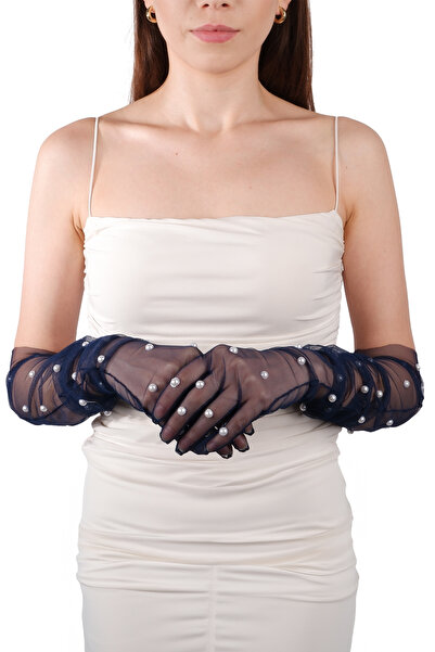 Limelia Zarif Şık İncili Gelin Kostüm Düğün Eldiveni Özel Geceler İçin Uzun Tül Eldiven Lacivert